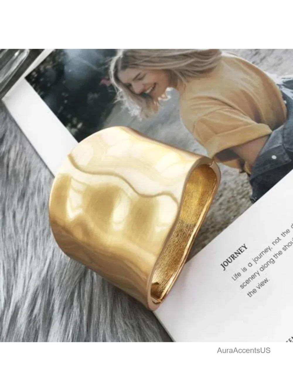 14K Gold Plated Chunky Cuff Bracelet Open Adjustable Women Fashion Jewelry